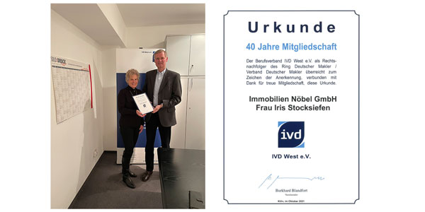 40 Jahre IVD West e.V. Mitgliedschaft - Immobilien Nöbel GmbH Urkunde